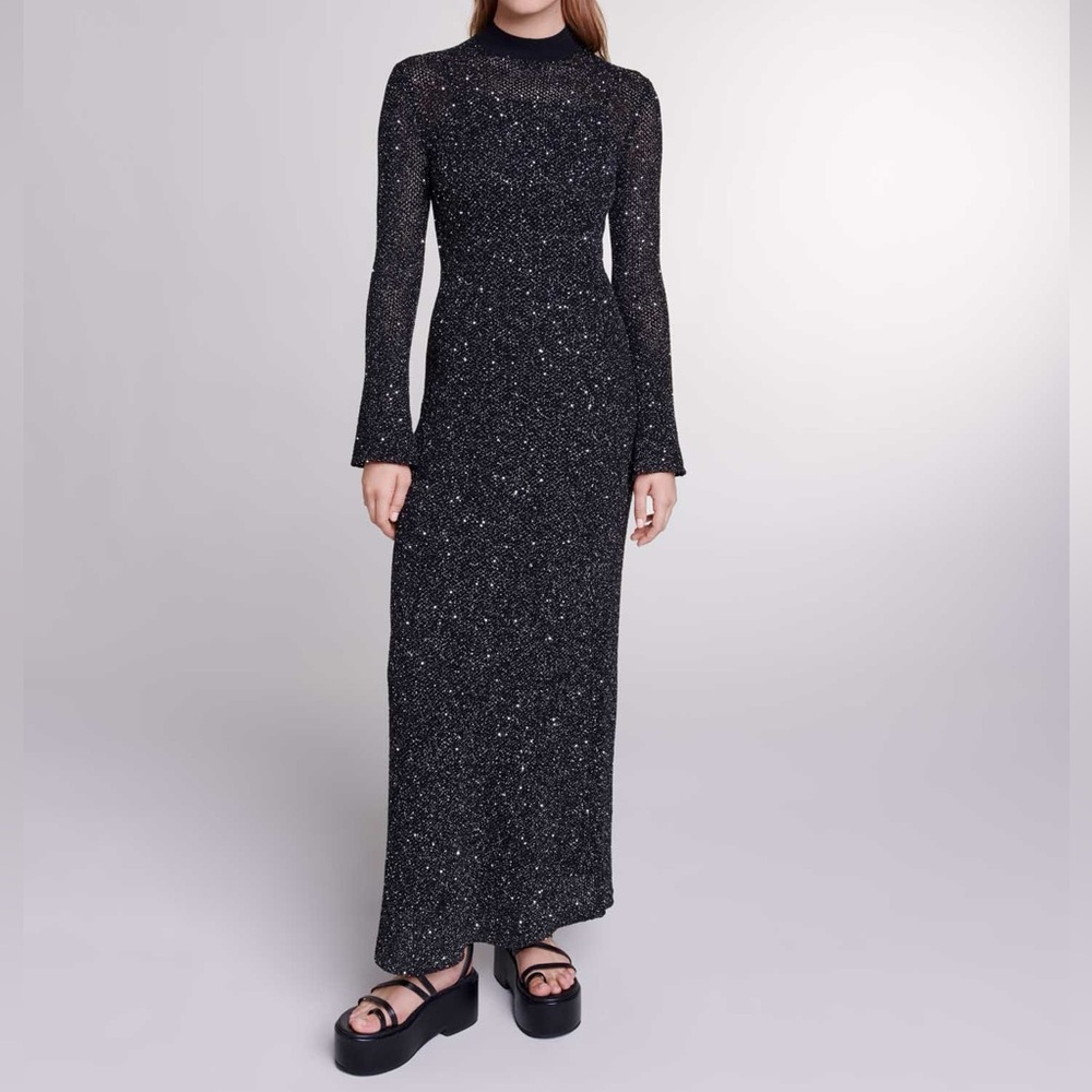 MAJE Embellished metallic open-knit maxi dress in Size 36